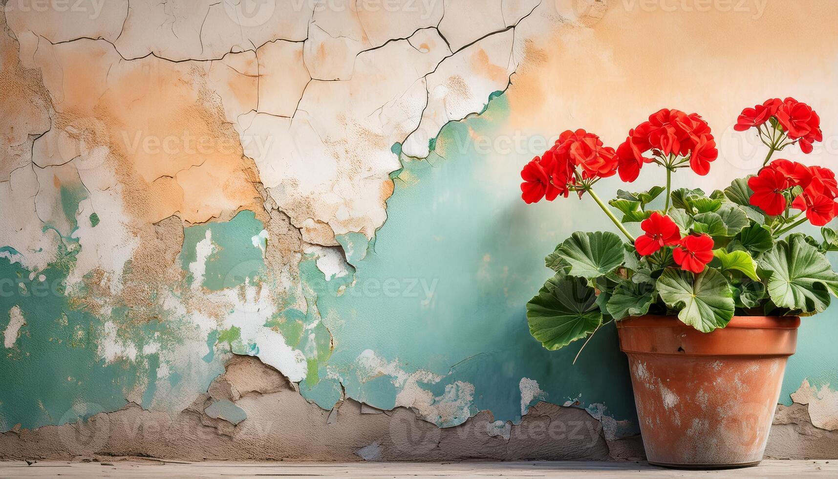 Potted red geraniums set against a distressed, colorful wall with cracked paint, creating a charming and rustic visual. photo