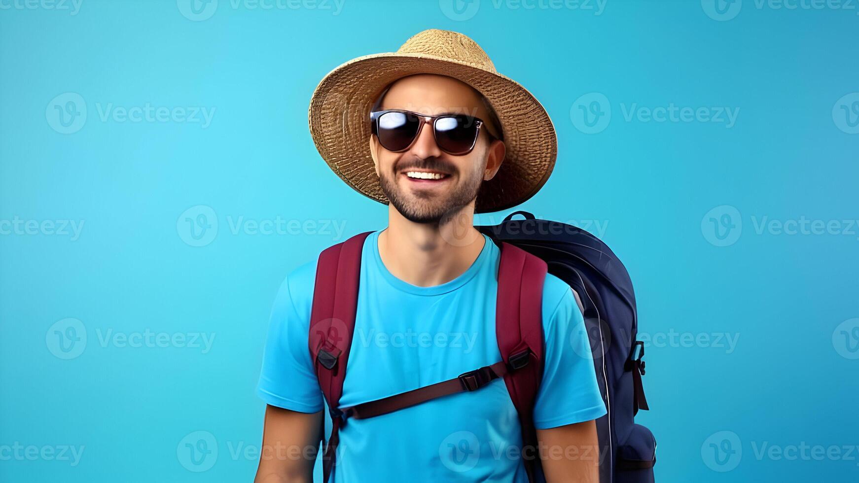 A happy young American tourist man, tourist man wearing beach hat, sunglasses and backpacks going to travel on holidays on blue background. Portrait of studio concept. photo