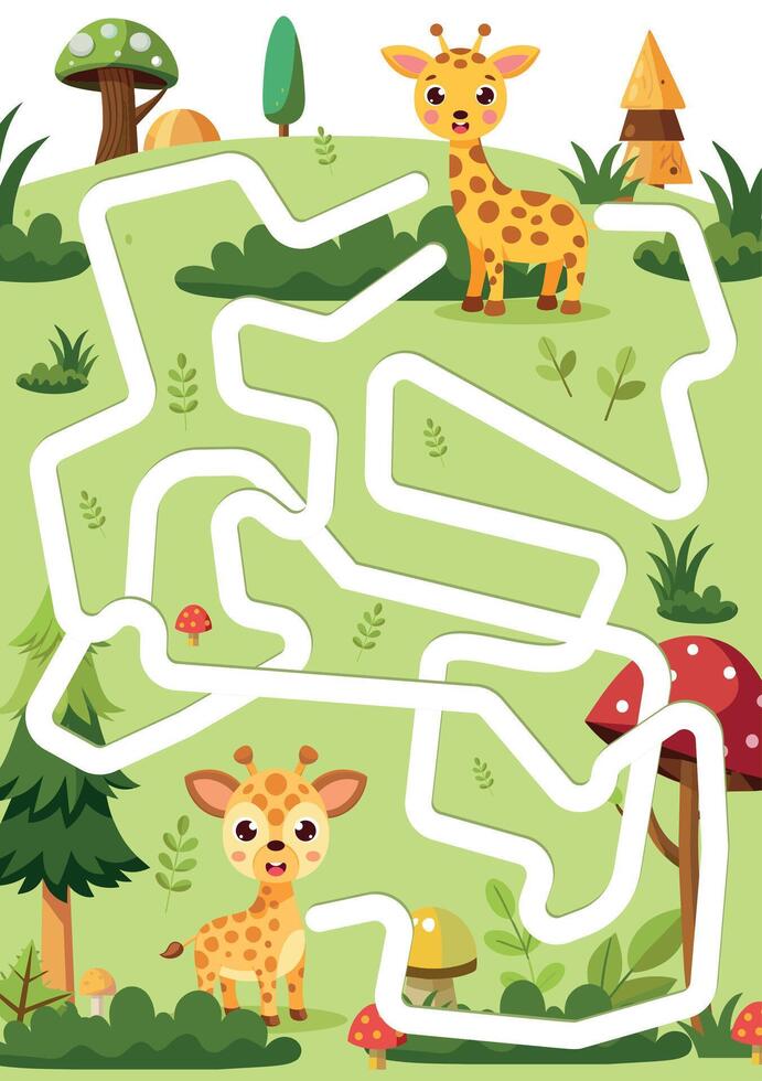 Maze game for kids with giraffes and mushrooms vector