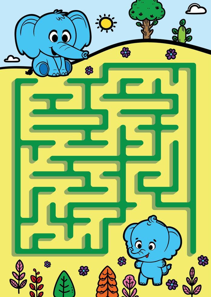 Maze for kids with elephants and a tree vector