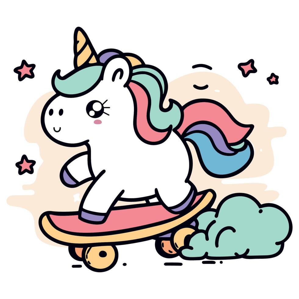 Cute unicorn riding a skateboard illustration vector