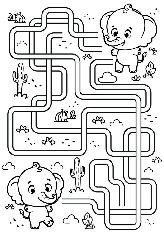 A maze coloring page with two elephants and a maze vector
