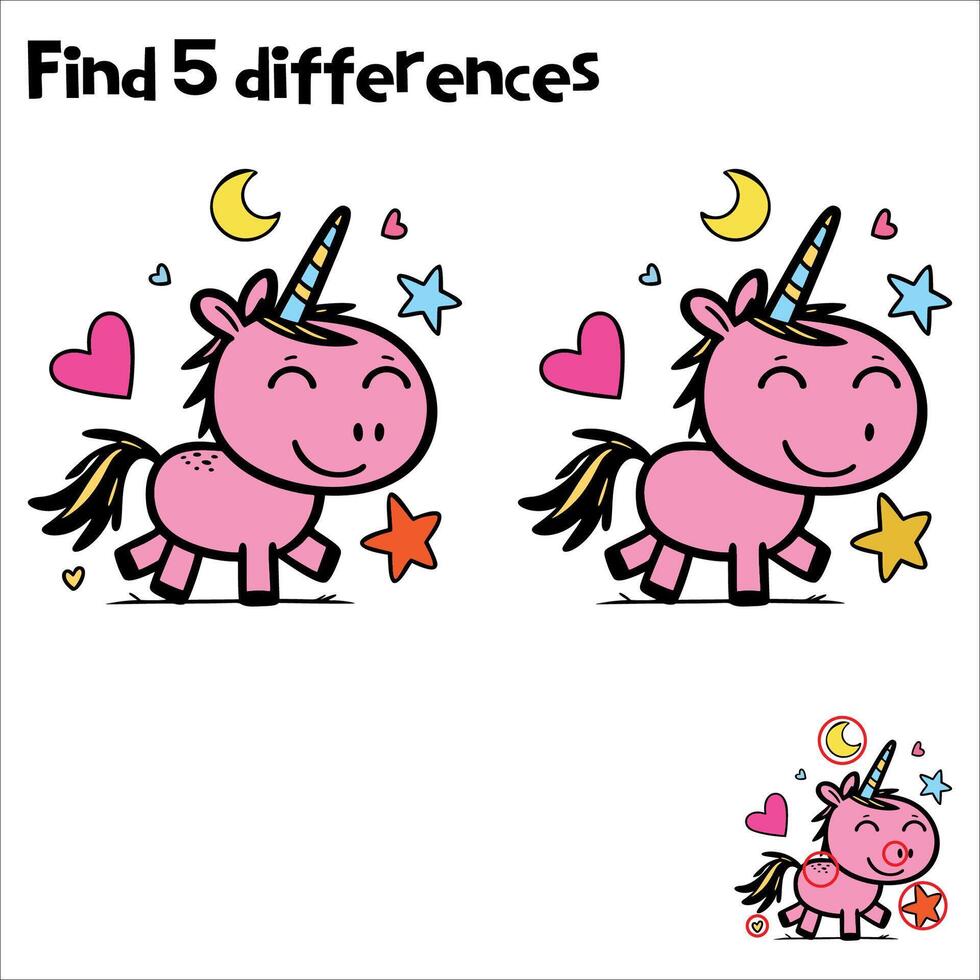 Find 5 differences between two unicorns vector
