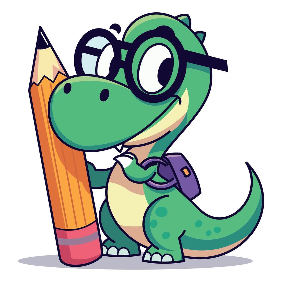 Cartoon dinosaur holding a pencil and wearing glasses vector