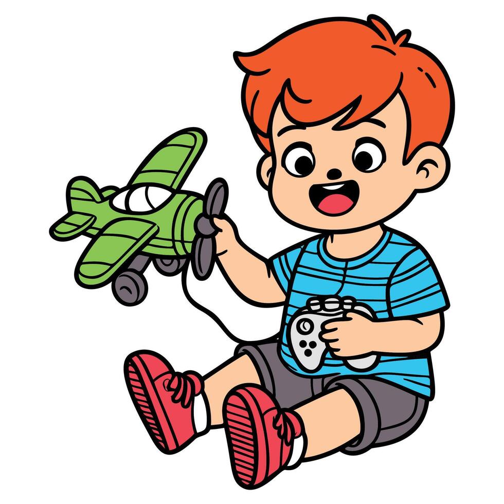 A cartoon boy playing with a toy plane vector