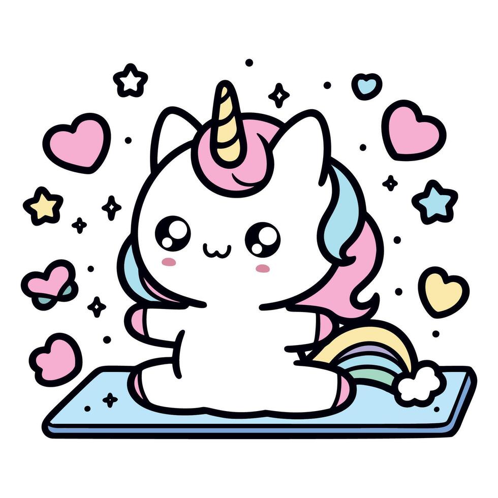 A cute unicorn is sitting on a blue mat vector