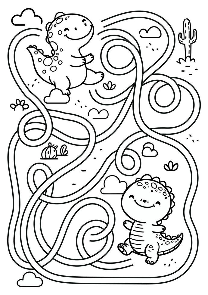 A coloring page with a dinosaur and a maze vector