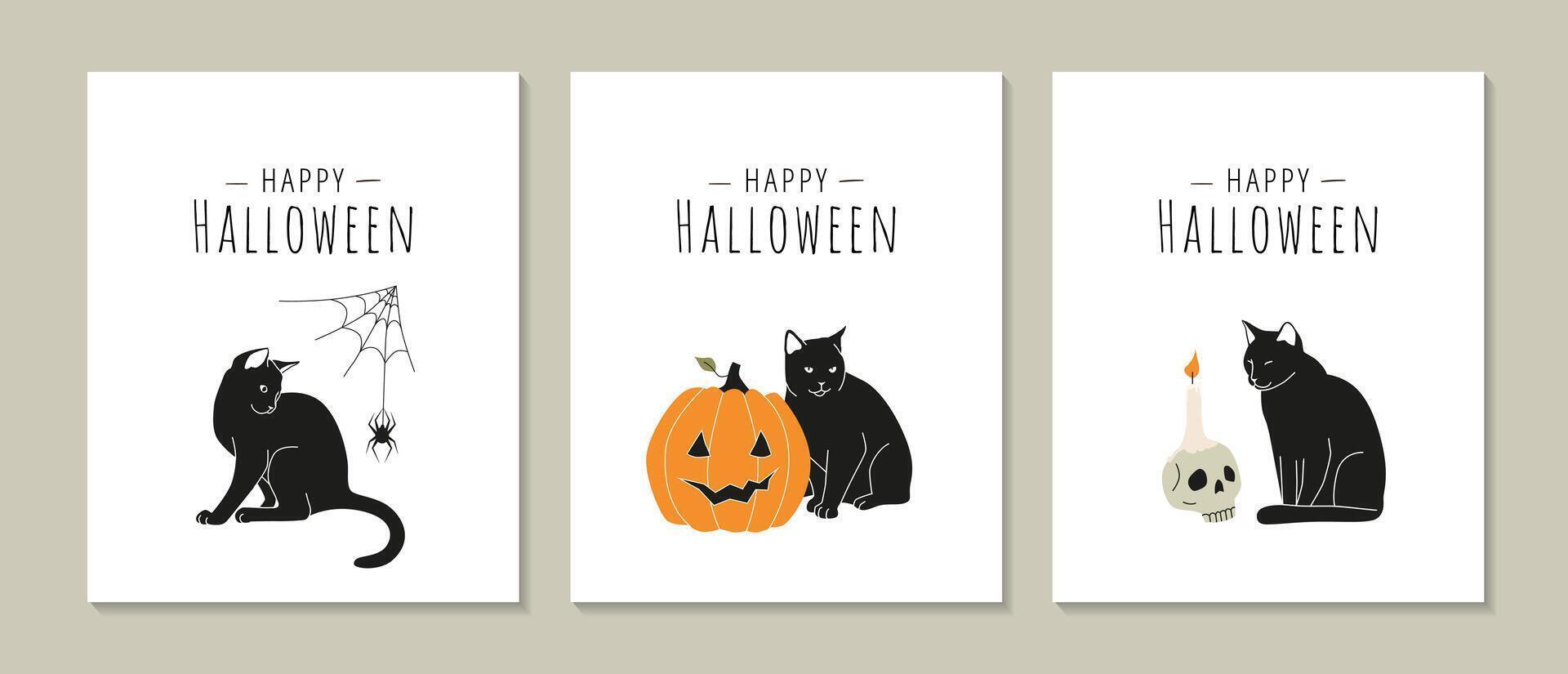 Set of Halloween greeting cards with black cat illustration, spider web, pumpkin lantern and scull. Cat with scary holiday decorations on white background vector