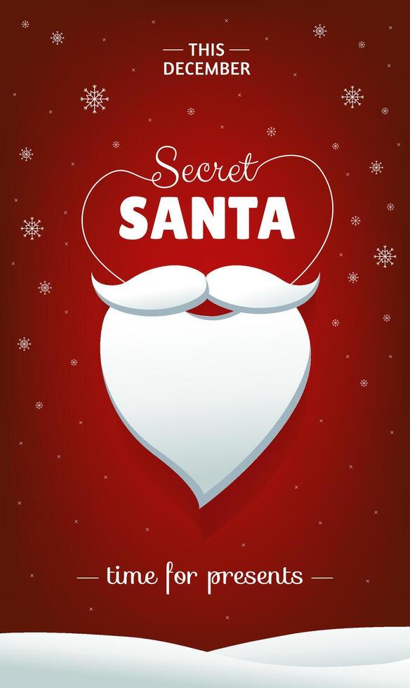 Secret Santa vertical flyer design concept with white beard and snowflakes on red background vector