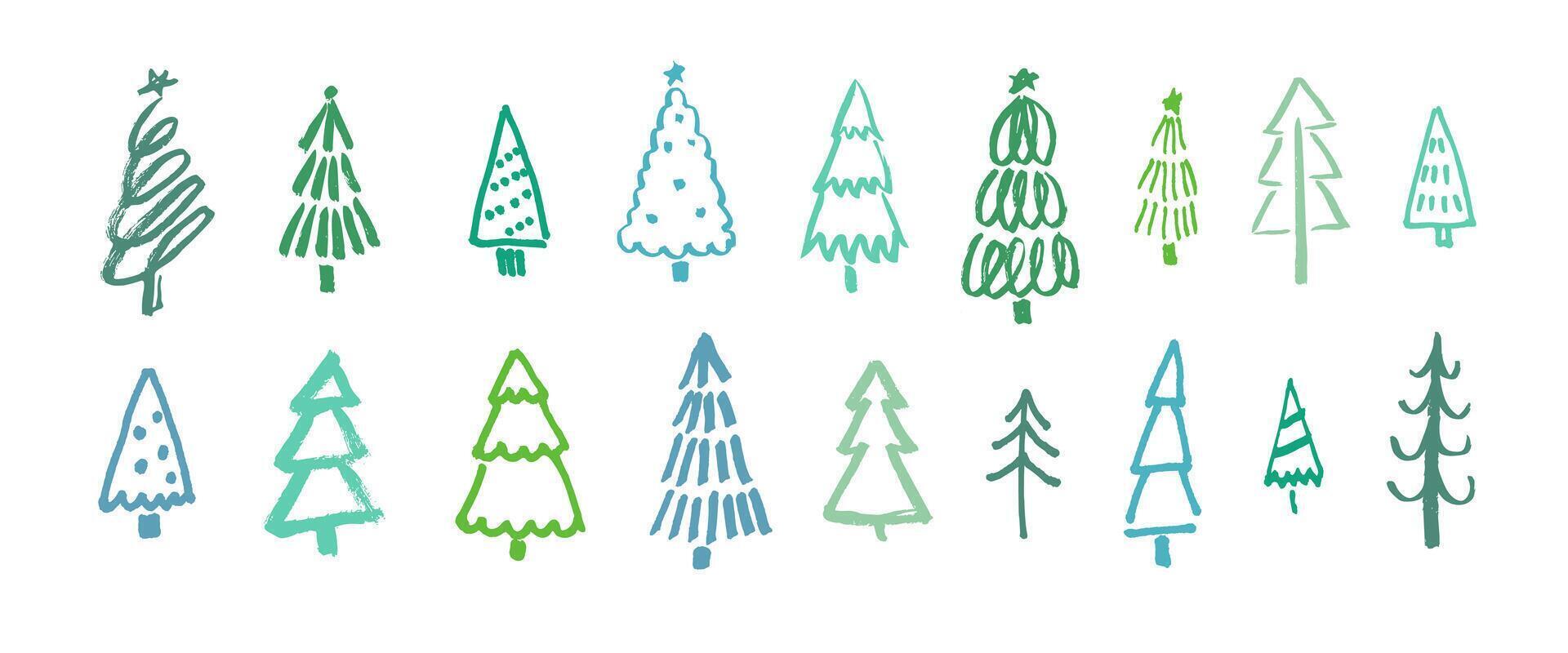 Hand drawn Christmas trees collection. Marker style sketch of pine. Illustration of trees in different shapes isolated on white background vector