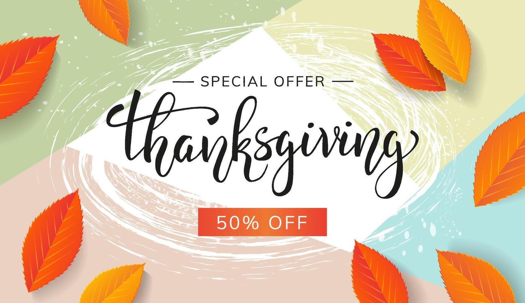 Thanksgiving sale banner with handwritten lettering and leaves on pastel abstract background vector