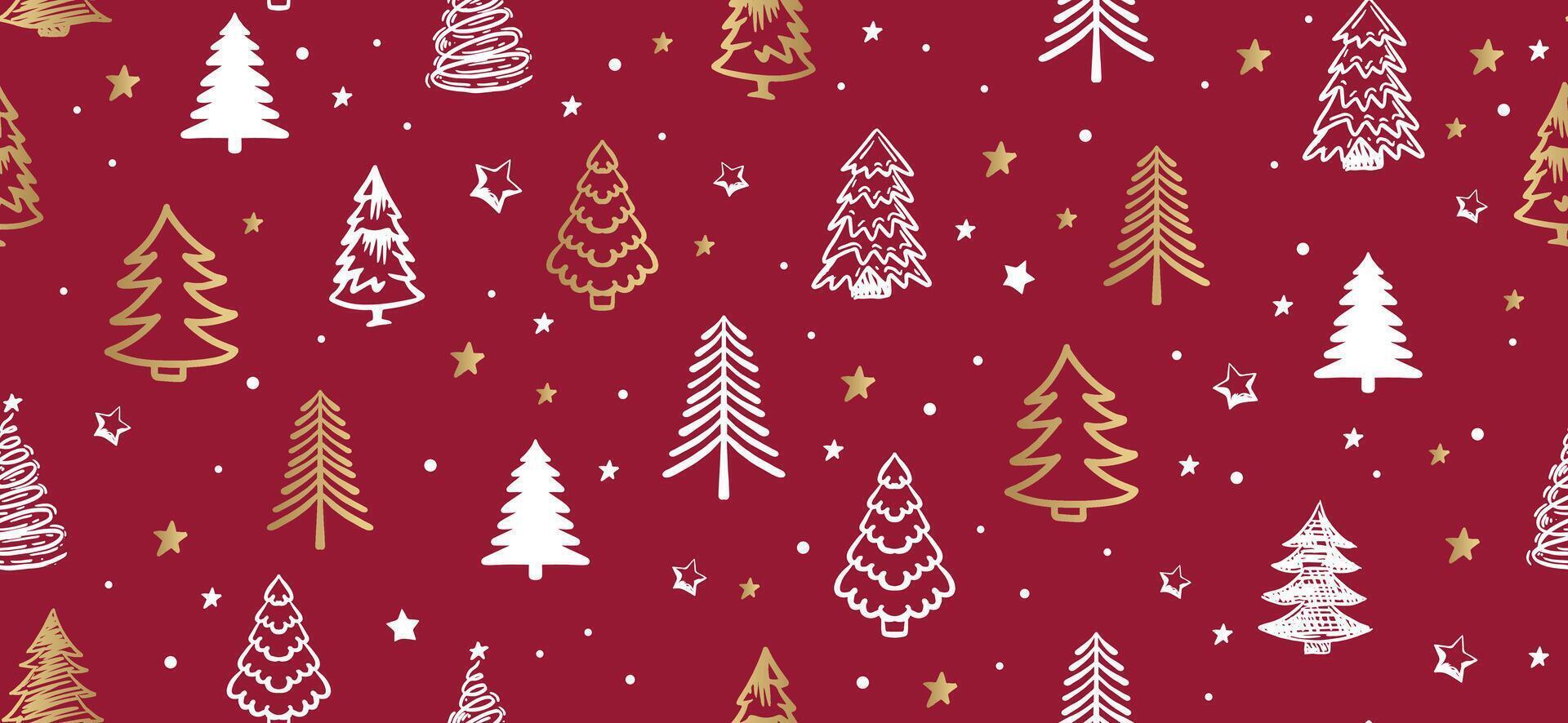Christmas tree pattern on red background, Hand drawn illustrations. vector