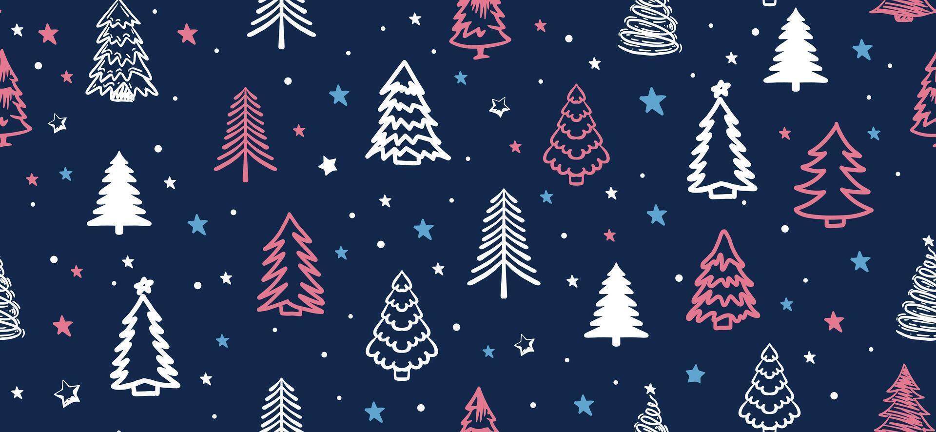 Christmas pink and white tree, pattern on blue background, Hand drawn illustrations. vector