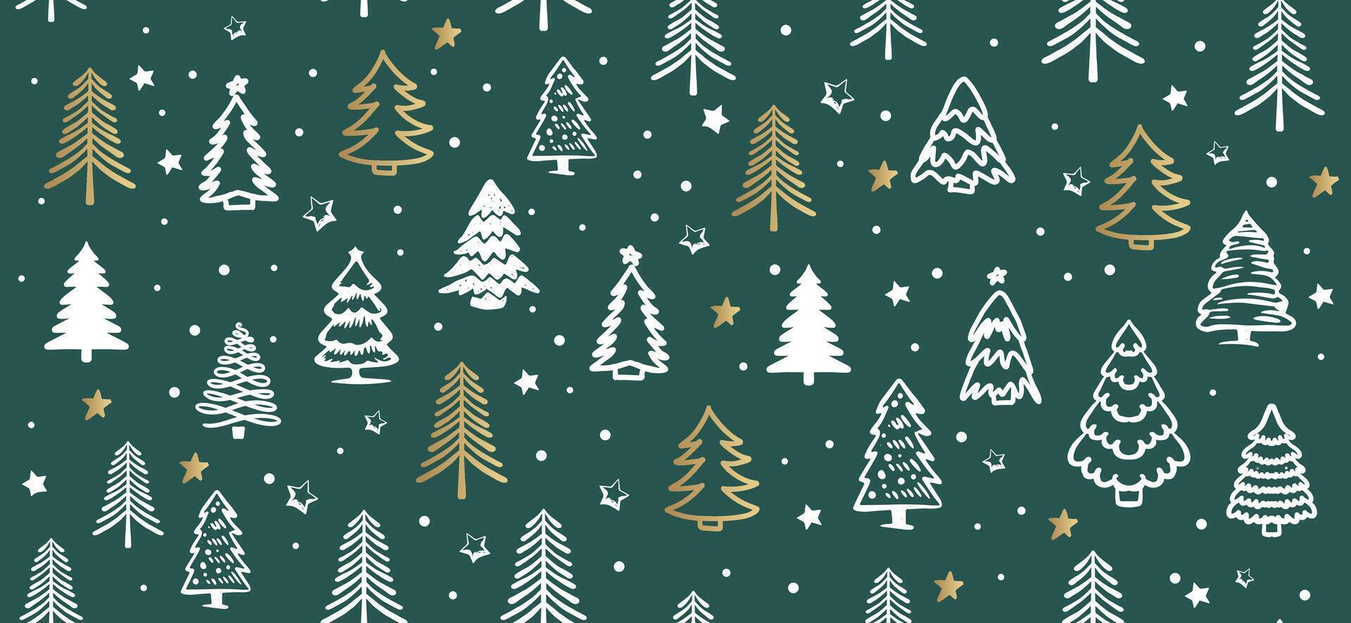 Christmas tree pattern on blue background, Hand drawn illustrations. vector