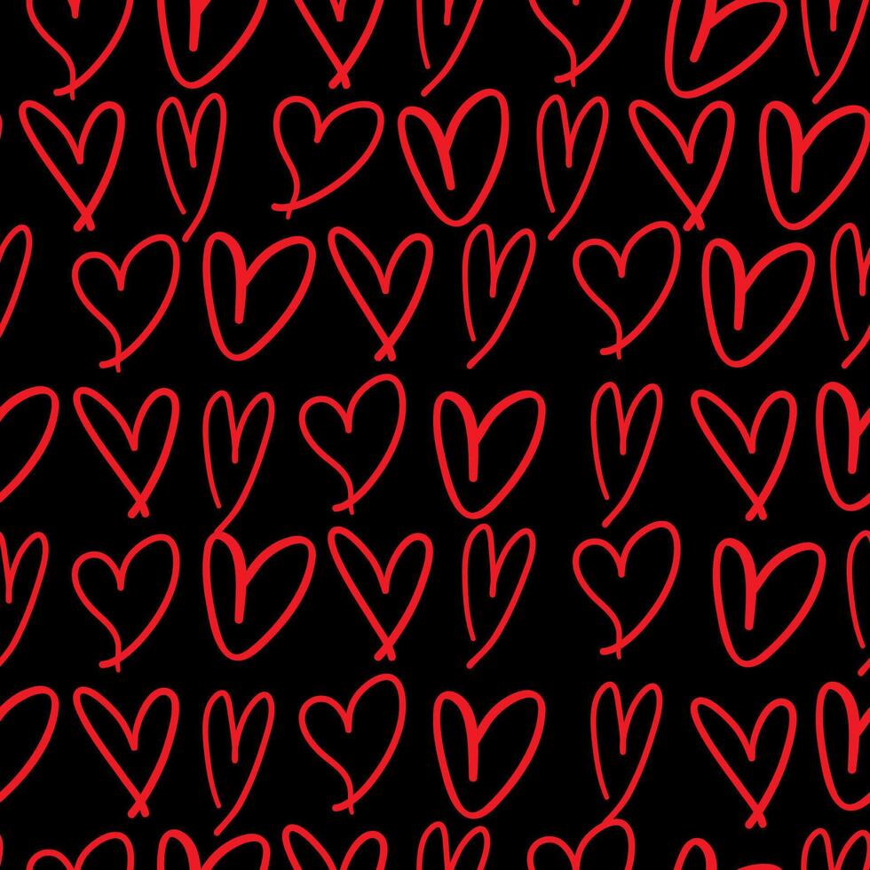 seamless pattern on black with red doodle hearts vector