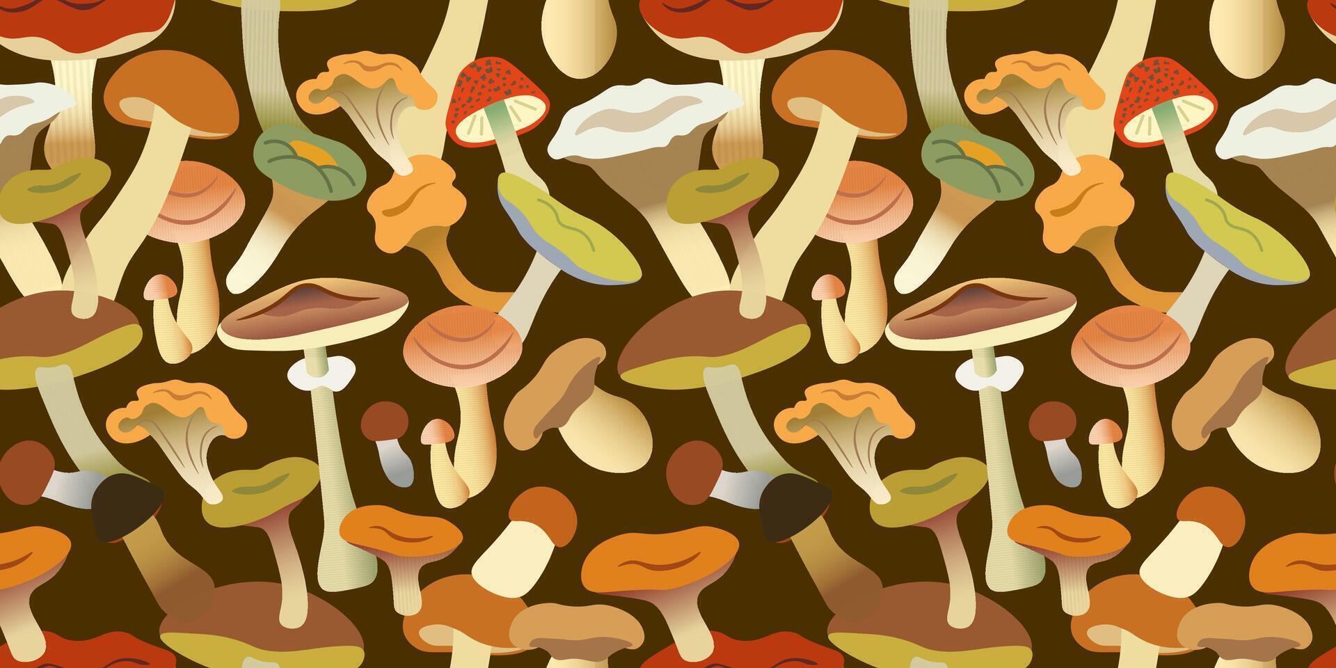 fall seamless pattern with mushrooms on black background vector
