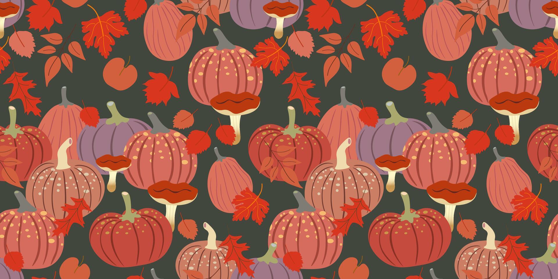 fall seamless pattern with red pumpkins on black background vector