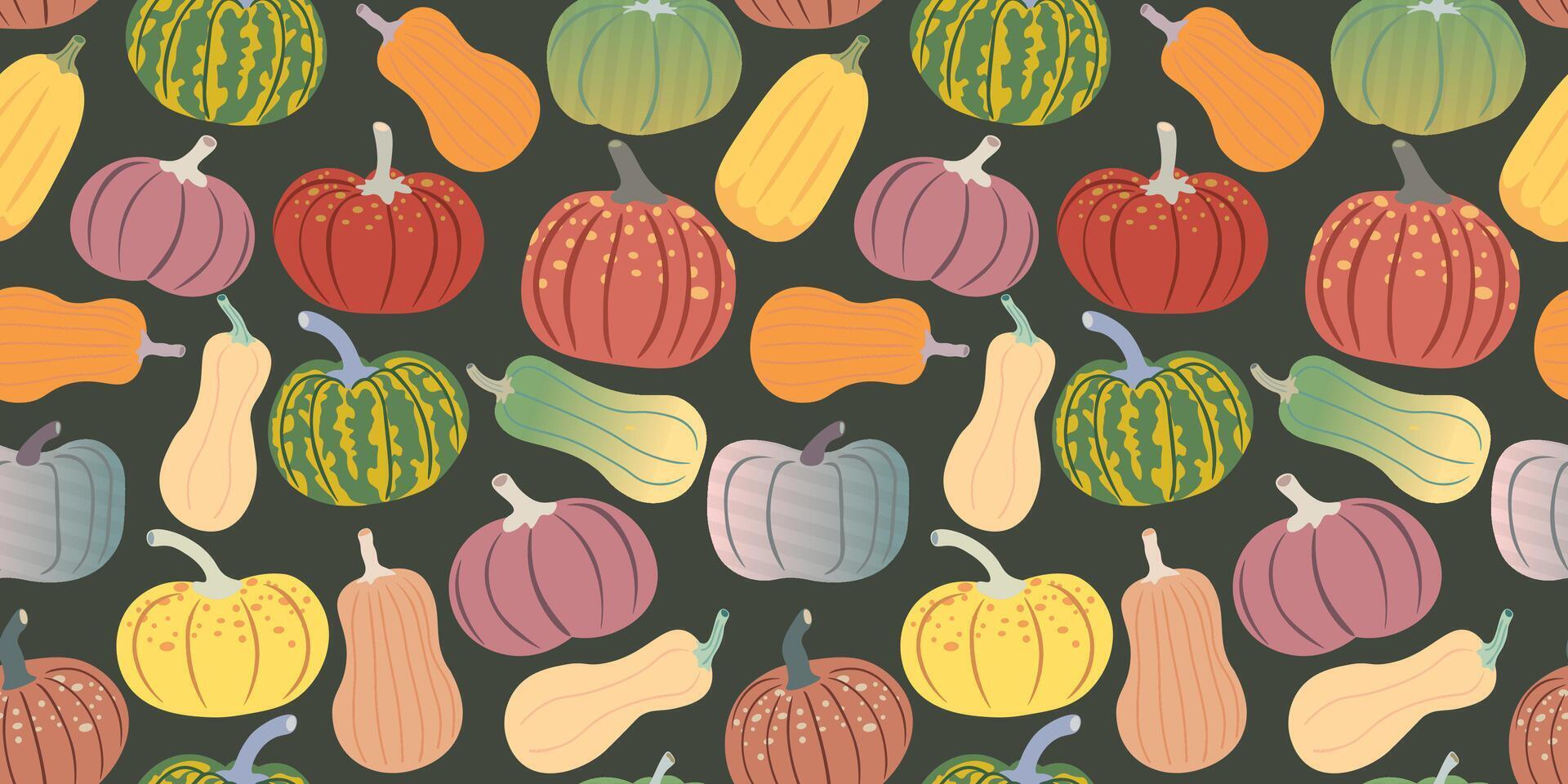 fall seamless pattern with deferent pumpkins on black background vector