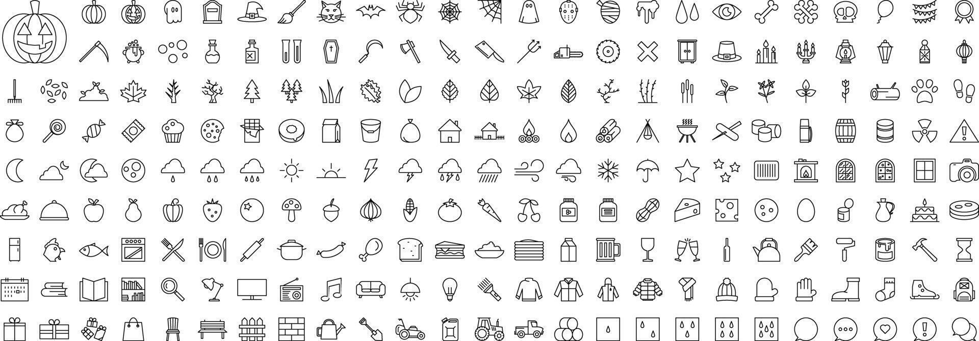 Fall Autumn and Halloween Outlined Icon Megapack Set Editable Stroke vector