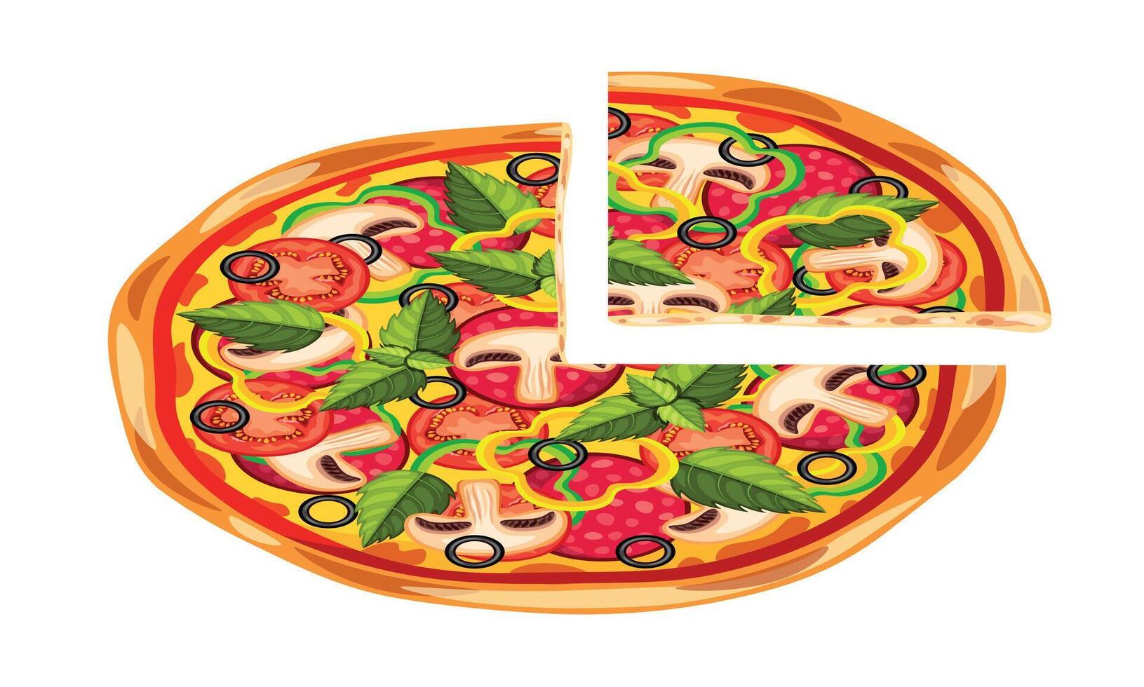 Flat illustration of tasty pizza. Cartoon scene of pizza with toppings, sausage, tomatoes, green and yellow peppers, mushrooms, cheese, ketchup, olives, basil leaves isolated on a white background. vector