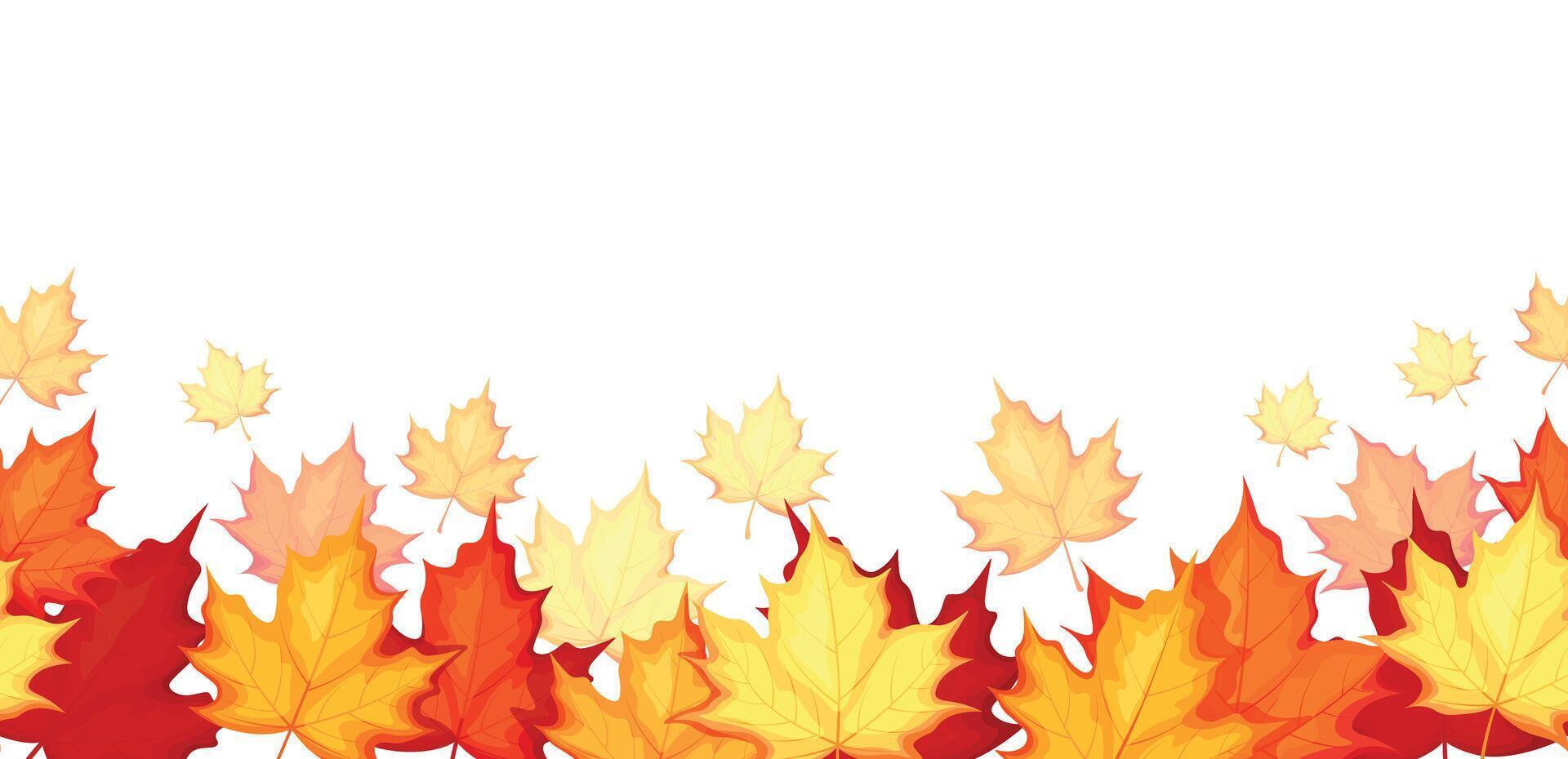 Autumn seamless background with maple leaves in cartoon style. Flat illustration of maple leaves of different colors, yellow, orange, red, burgundy isolated on a white background. Autumn wallpaper. vector