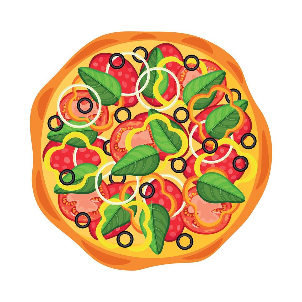 Flat illustration of delicious pizza in cartoon style. Pizza with tasty toppings, sausage, bell pepper, tomatoes, olives, onion rings and basil leaves isolated on a white background. Italian pizza. vector