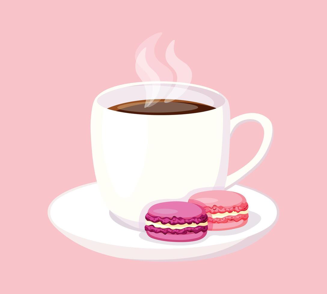 Flat illustration of a cup of coffee and delicious macaroons. Cartoon style white cup with saucer, hot coffee with steam, macaroon cakes isolated on soft pink background. vector