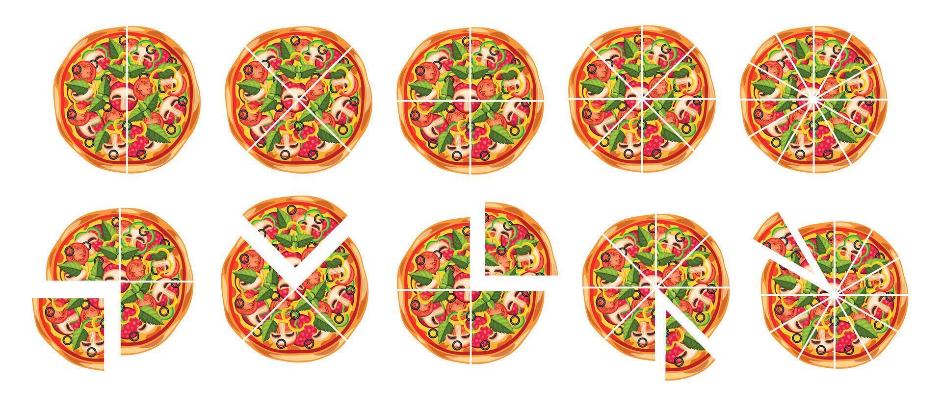 Set of yummy pizzas in cartoon style. Flat illustration of delicious pizzas with different toppings and types of cuts, slices isolated on a white background. vector