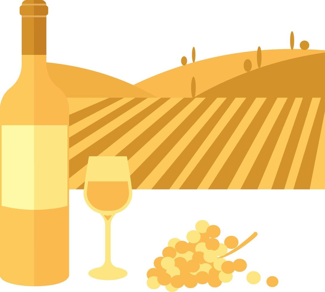 Bottle and glass of white wine and bunch of grapes and vineyard as background. vector