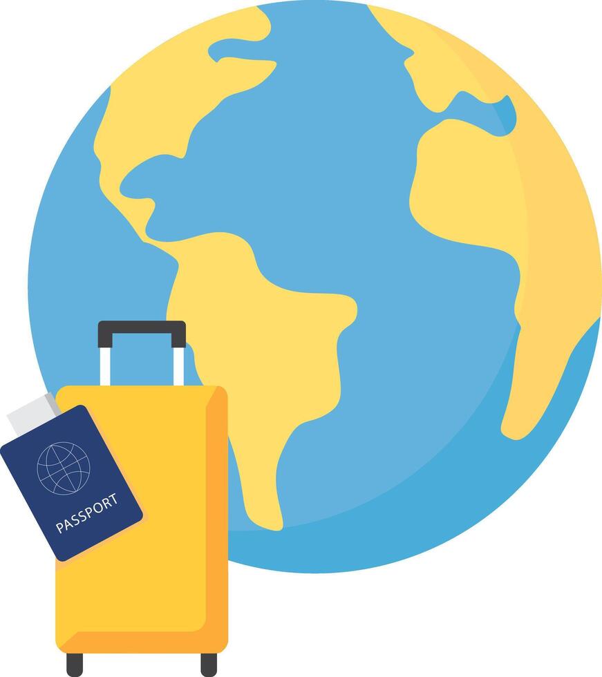 Yellow suitcase and two passports with tickets on a background of earth. vector