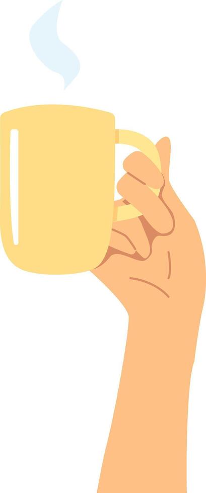 Hand holding cup with blue cloud of steam in cartoon style. vector
