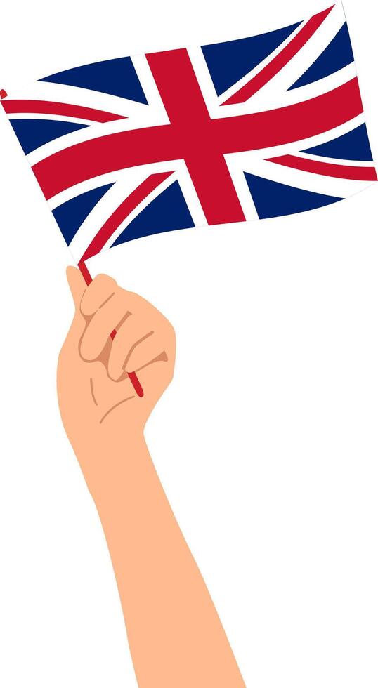 Hand holding the national flag of the United Kingdom. vector