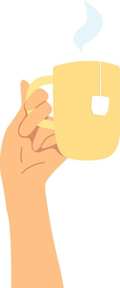 Hand holding a cup with tea bag label and blue cloud of steam. vector
