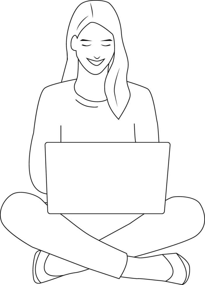 Young woman sitting with laptop. Outline style. vector