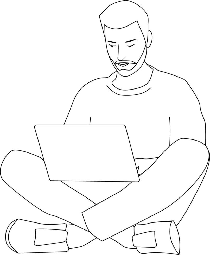 Young man sitting with laptop. Outline style. vector