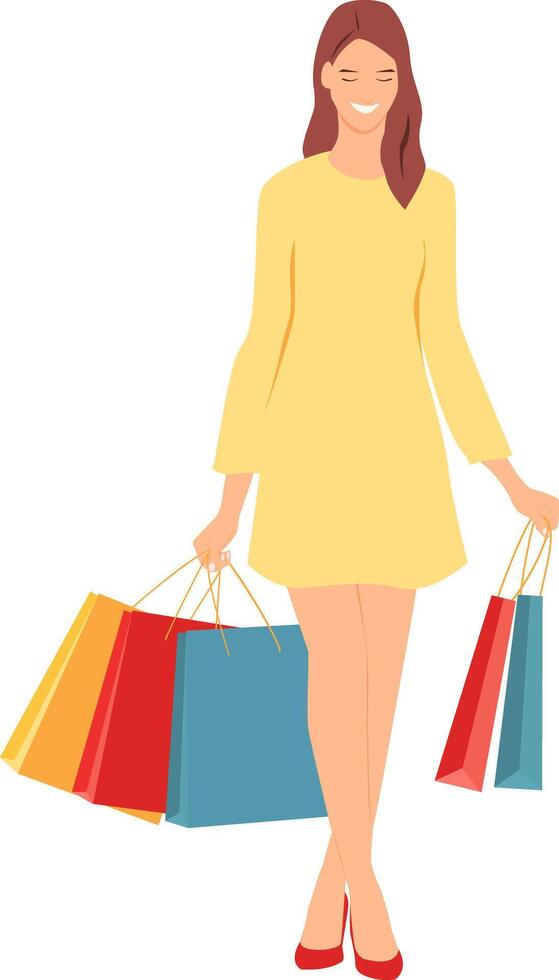Smiling woman in yellow dress with paper shopping bags in her hands. vector