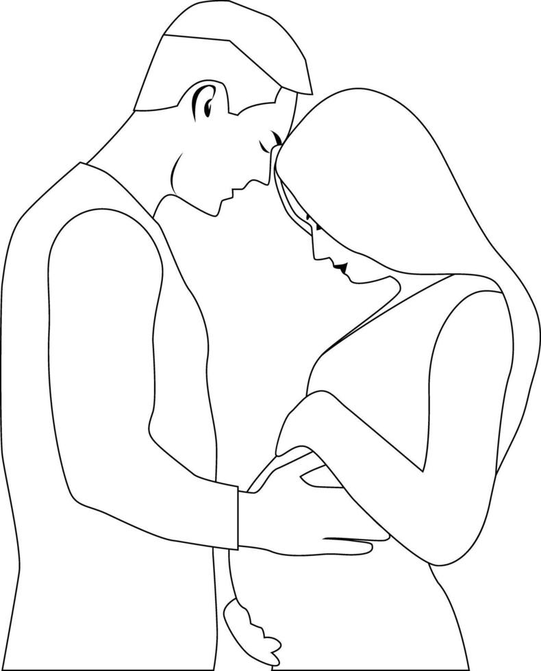 Man touching the belly of his pregnant woman. Outline style. vector