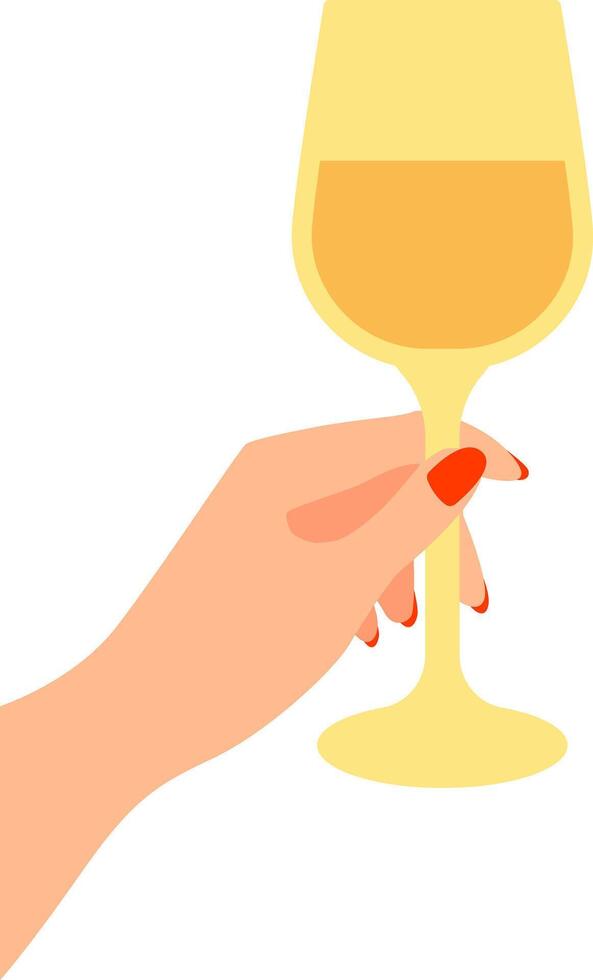 A woman's hand with nails painted with red nail polish holds a glass of white wine vector