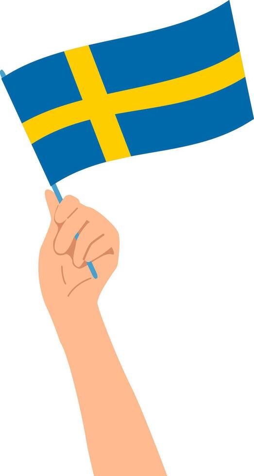 Hand holding the national flag of Sweden. vector