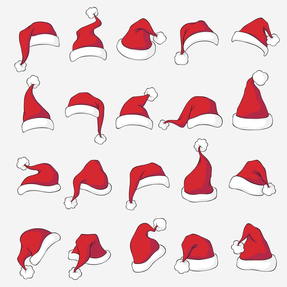 Christmas Santa Hats Set. New Year Red Hat Isolated on Transparent Background. Flat illustration. vector
