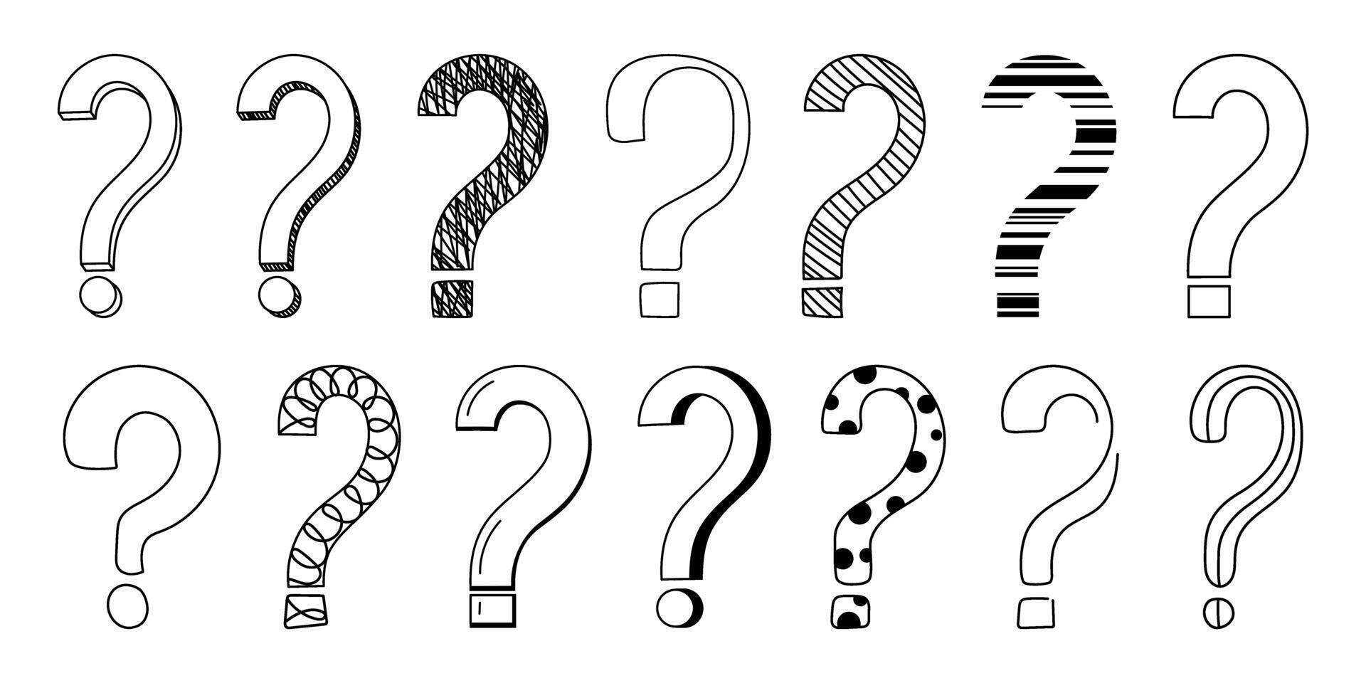 Doodle question mark hand drawn sketch illustration set isolated on white background. vector