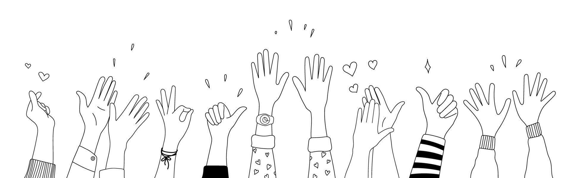 Doodle sketch hands up gestures comic icons silhouettes set. vector