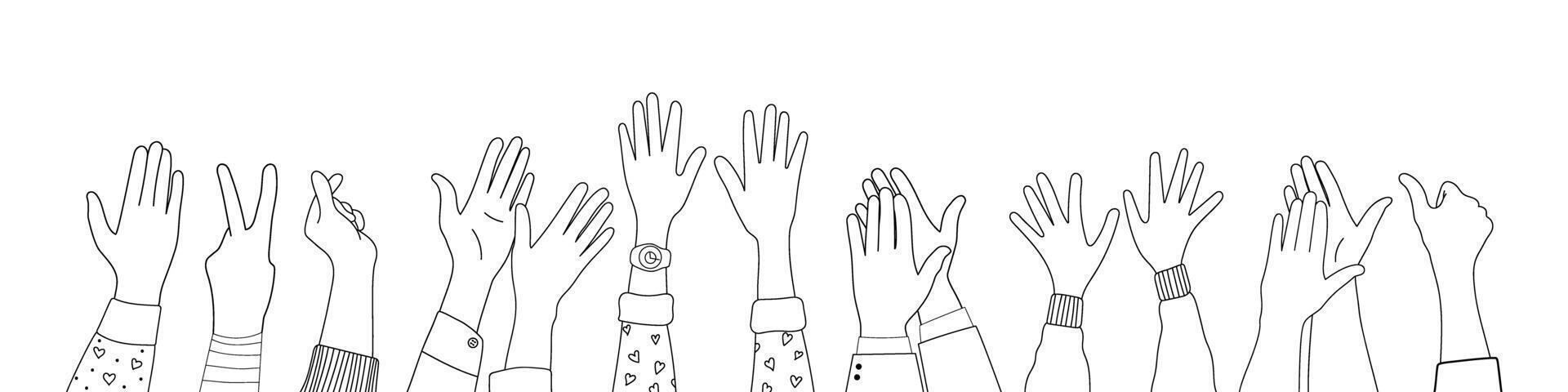 Doodle sketch hands up gestures comic icons silhouettes set isolated on white background vector