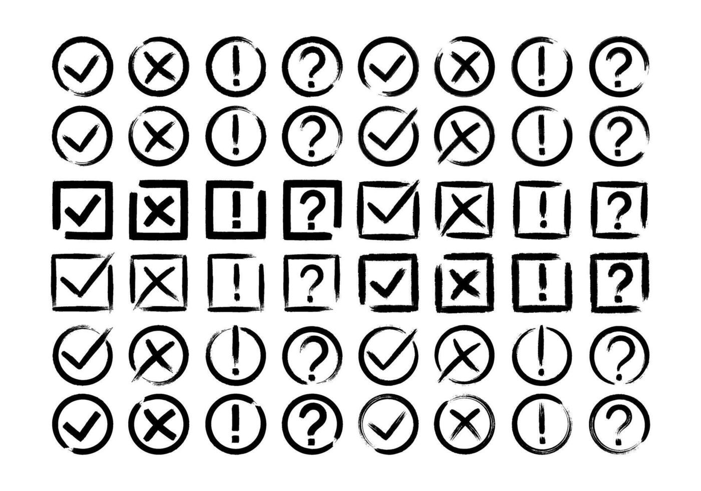 Dirty grunge cross x, tick OK, exclamation and question check marks in check boxes. vector