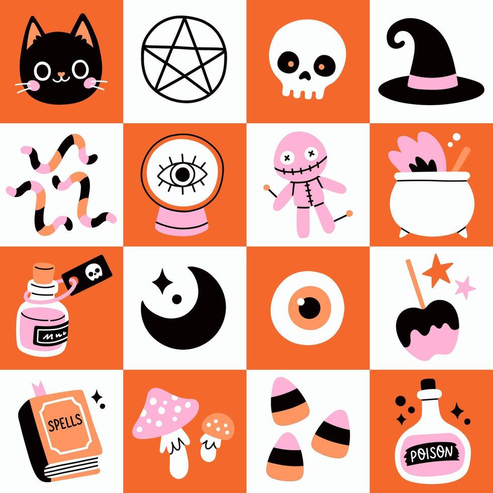 Trendy Halloween geometric pattern. Witch craft, cat, raven, witch hat, potion and cauldron. For card, sticker, poster vector