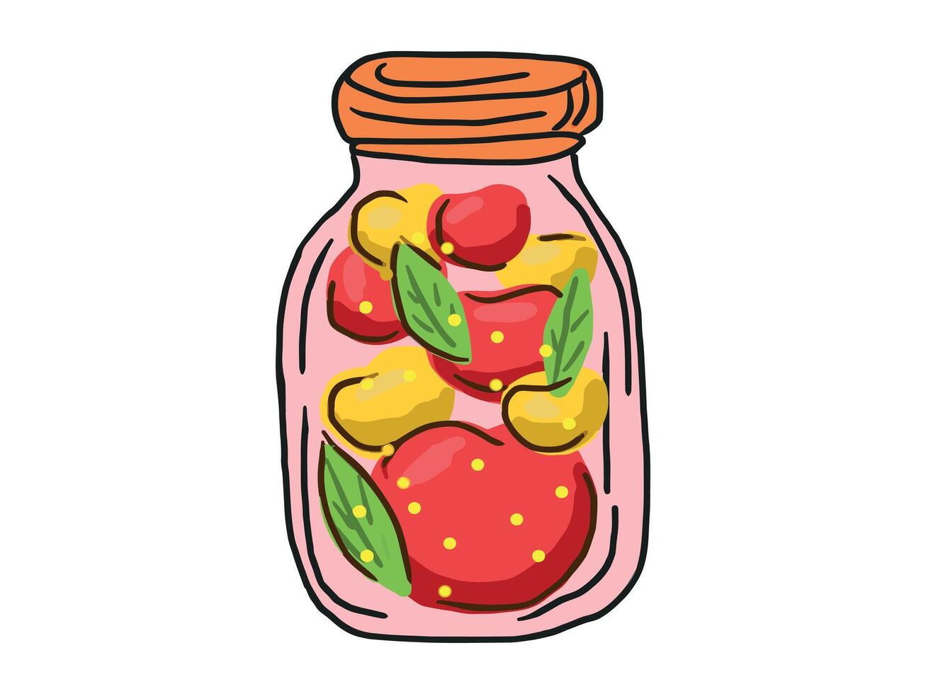 Colorful Jam in Glass Jar with Berries and Fruits isolated on white background. Concept of Fruit Preservation, Homemade Treats, Natural Ingredients, canned preserves. Vibrant Hand-drawn Illustration vector