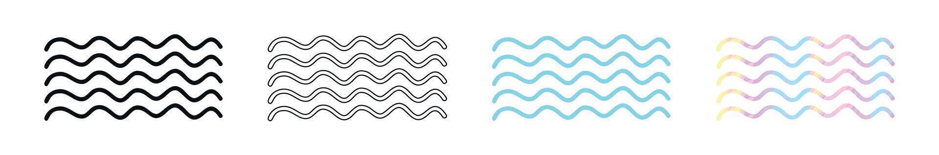 Set of abstract wavy lines isolated on a white background. Black silhouette, outline, and colored versions. Concept of geometric patterns, waves, motion, fluidity, water, ocean, sea. Design elements vector