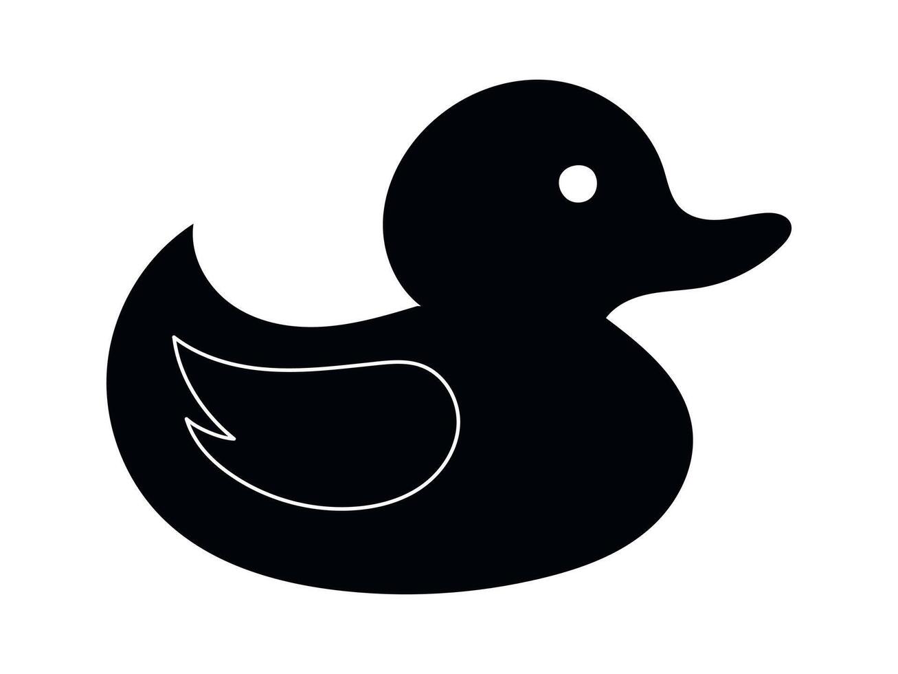 Black silhouette of rubber duck isolated on white background. Concept of bath toys, simple illustration, kids' favorite, minimalist style, duckling. Design element vector