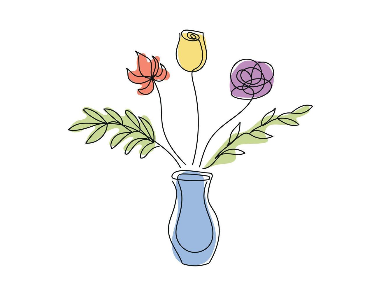 Minimalist Floral Illustration with Tulip and Rose in Vase. Bouquet of flowers isolated on white background. Continuous one line drawing. Colored Line Art. Concept of Home Decor Element, Botanical Art vector