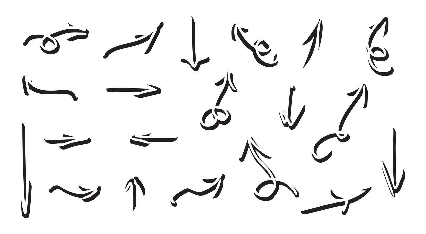 Set of hand-drawn curved volumetric black arrows isolated on a white background. Concept of direction, navigation, pointers, movement. Design elements and symbols. Collection in doodle style vector